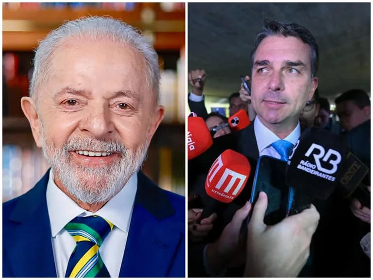 Montagem com fotos do presidente Lula e do senador Flávio Bolsonaro lado a lado
